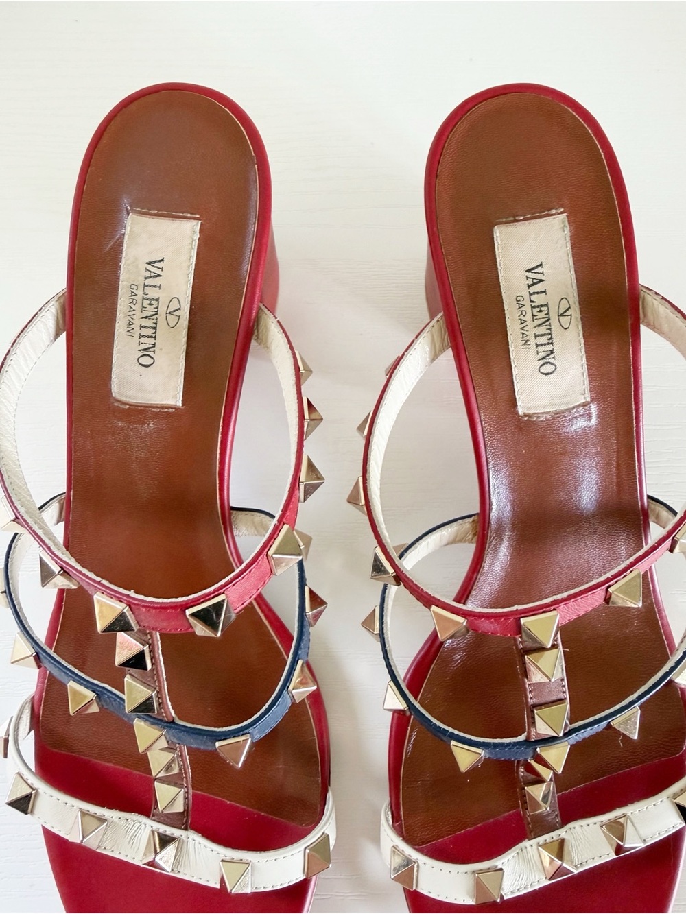 Valentino Garavani Rockstud Red White Blue Leather Sandals Block Heels EU 39 - Picture 8 of 12